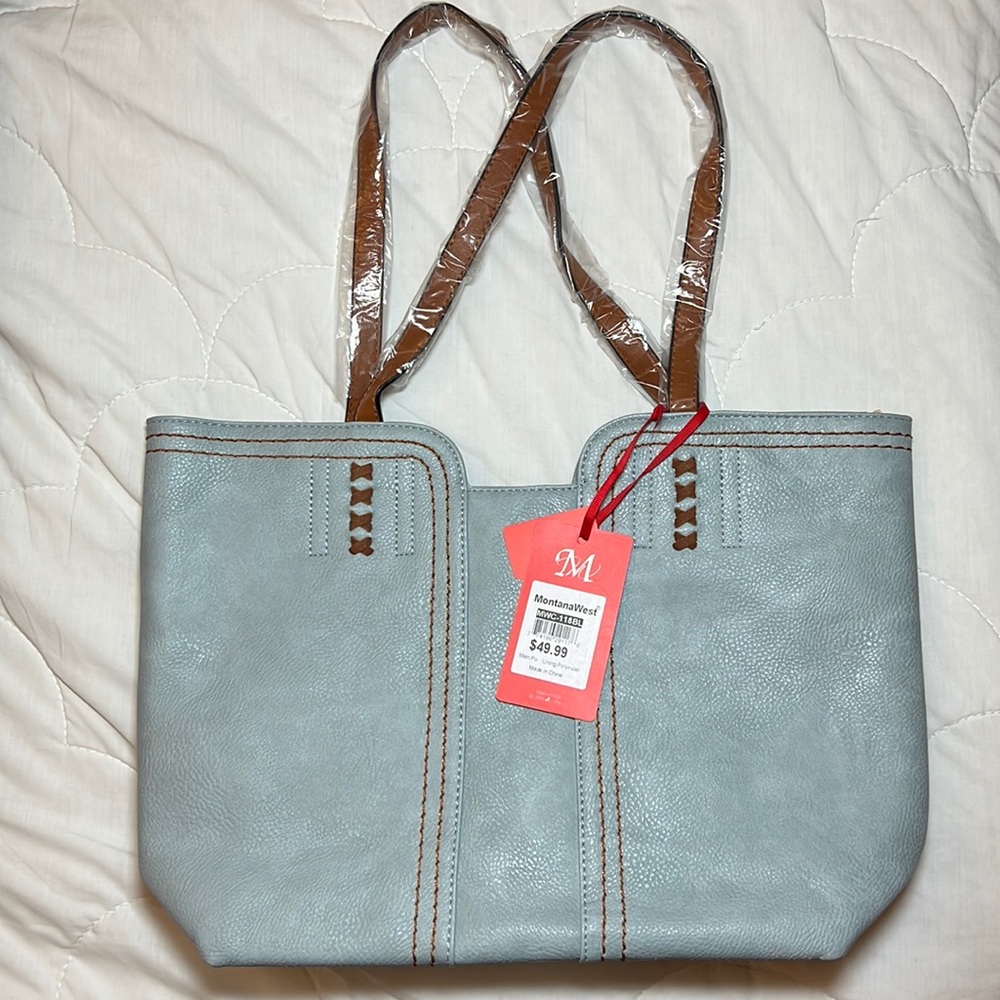 Montana West Top Handle Vegan Leather Tote Bag, NWT, Lt. Blue